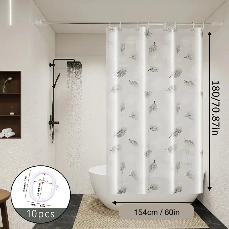 Leaf Pattern Shower Curtain – Waterproof Bathroom Curtain with Hooks
