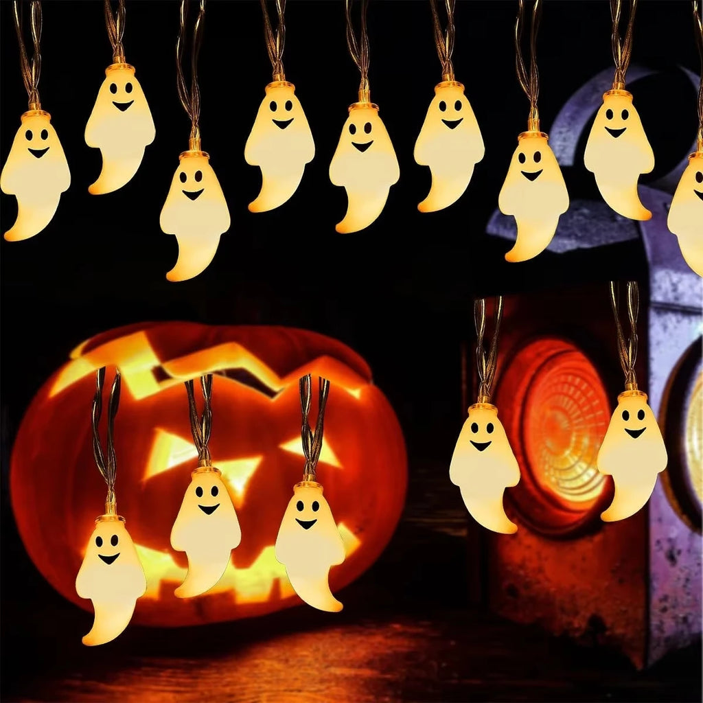 Halloween Smiling Ghost String Lights – Battery-Powered LED Fairy Lights (10 or 20 LED)
