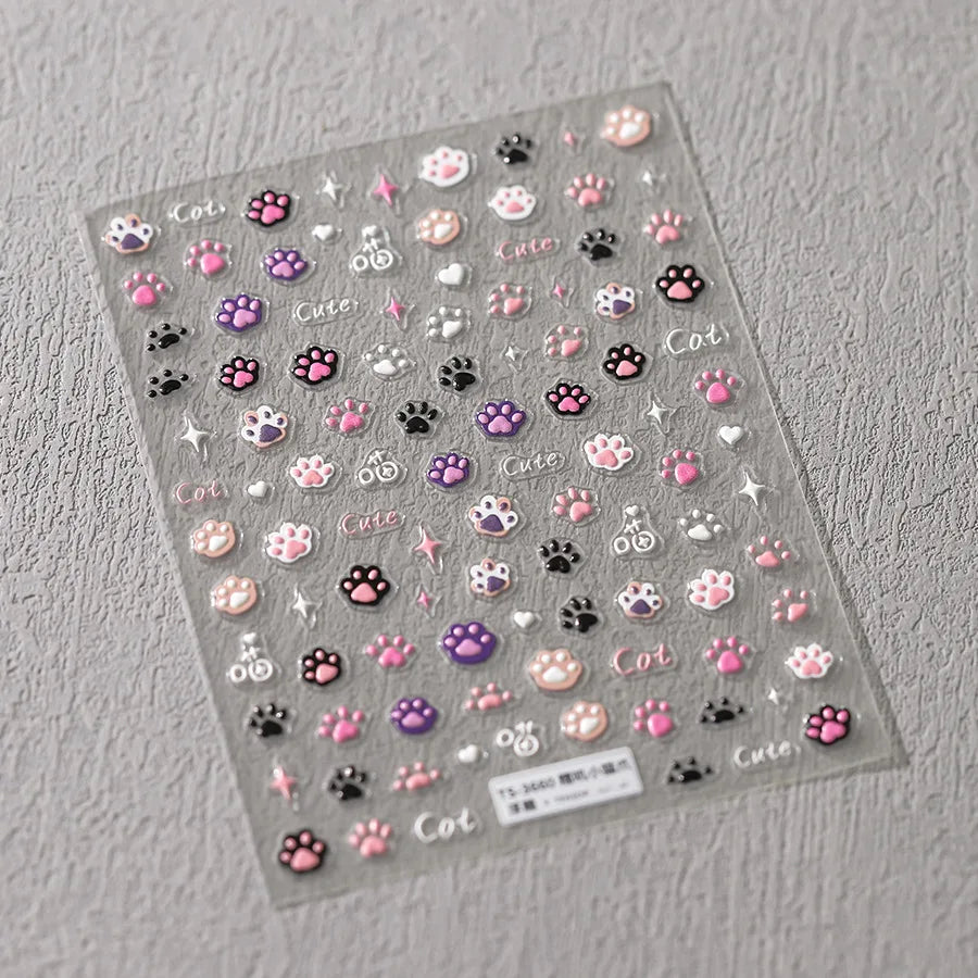 Cat Paw Nail Art Stickers – 3D Embossed Self-Adhesive Decals