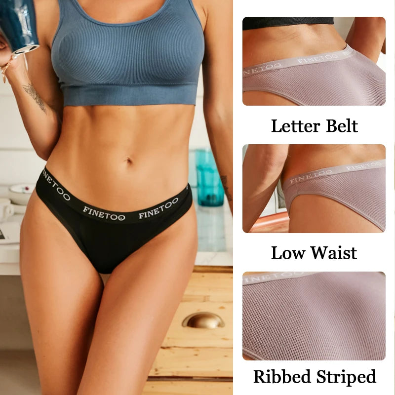 FINETOO Cotton Striped Briefs, 4-Pack — Women's Low-Waist Panties with Letter Waistband