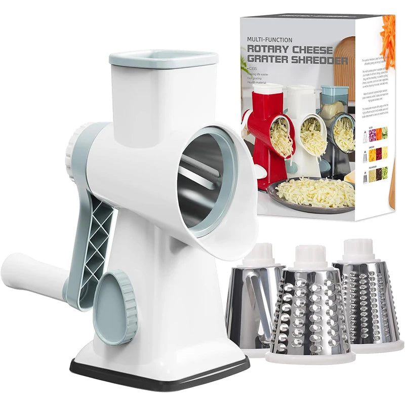 3-in-1 Rotary Cheese Grater – Manual Vegetable Slicer & Grinder Set