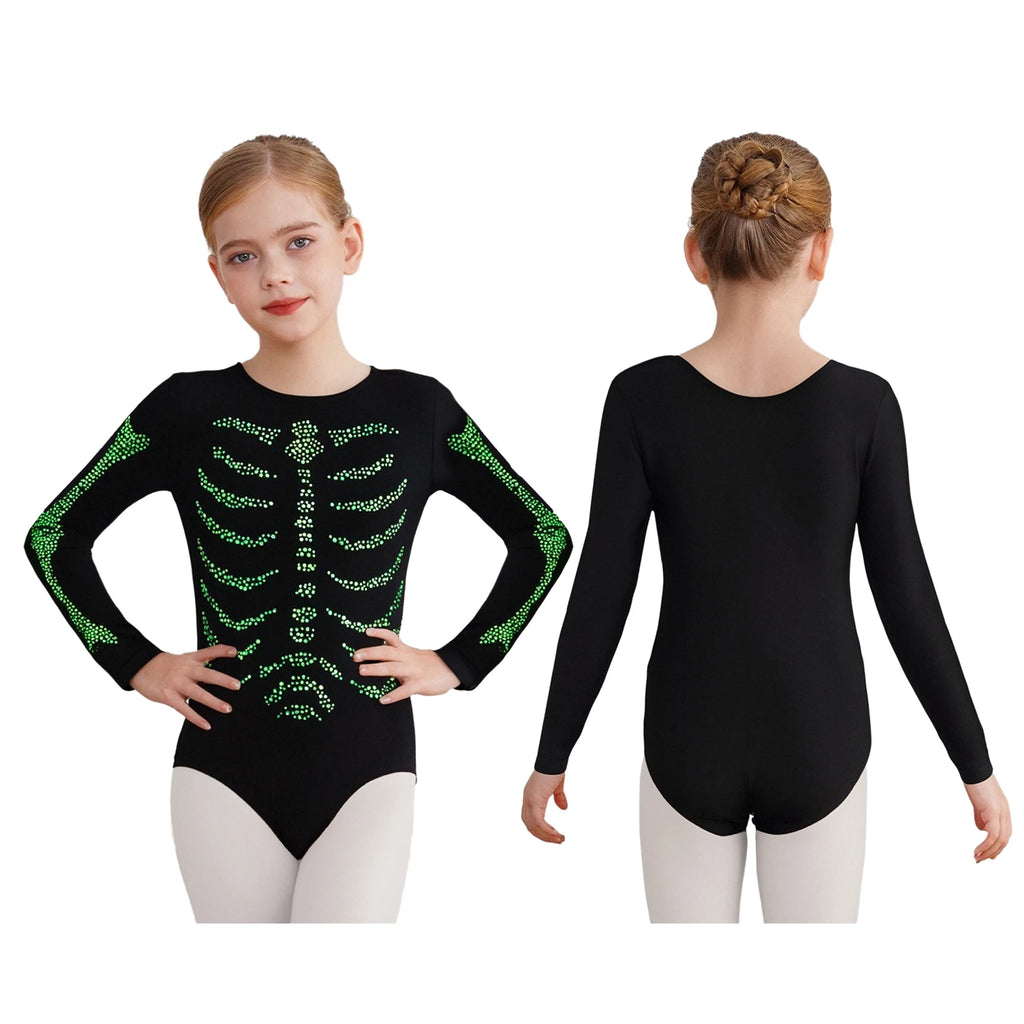 Halloween Kids Skeleton Bodysuit – Girls Gymnastics Leotard with Rhinestone Bones (Ages 3-12)