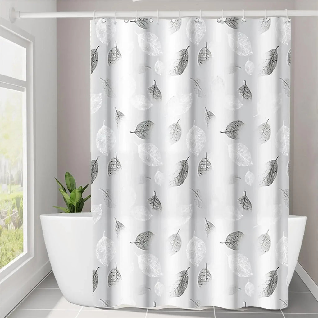 Leaf Pattern Shower Curtain – Waterproof Bathroom Curtain with Hooks
