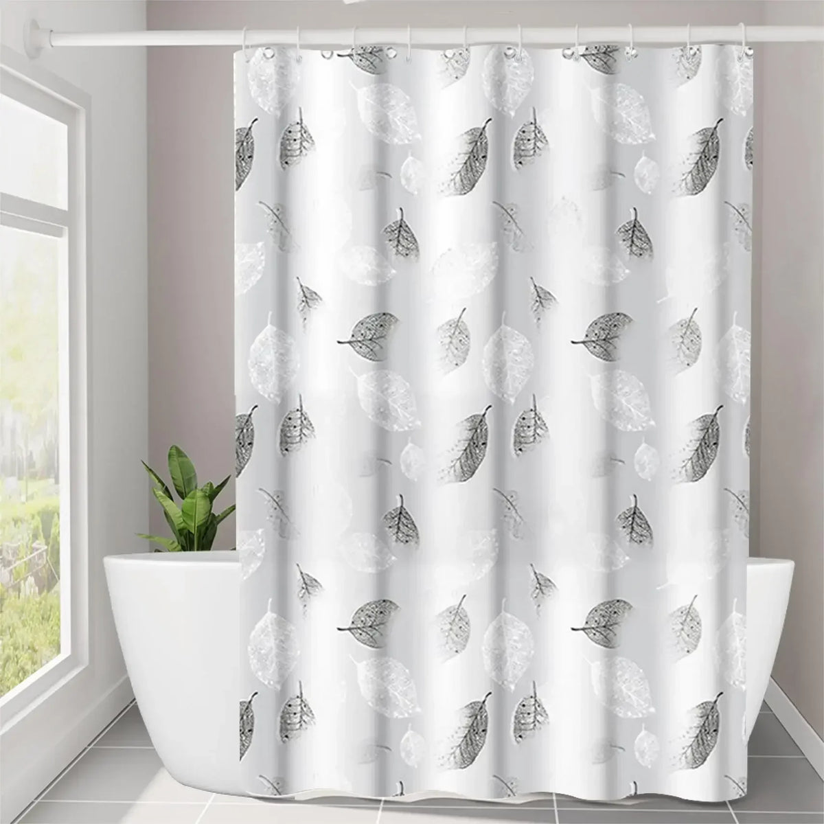 Leaf Pattern Shower Curtain – Waterproof Bathroom Curtain with Hooks