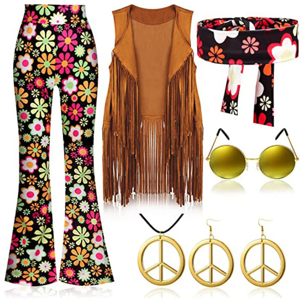 Halloween Hippie Costume Set – 70s Disco Outfit with Fringe Vest, Flared Pants & Accessories (6 Pcs)