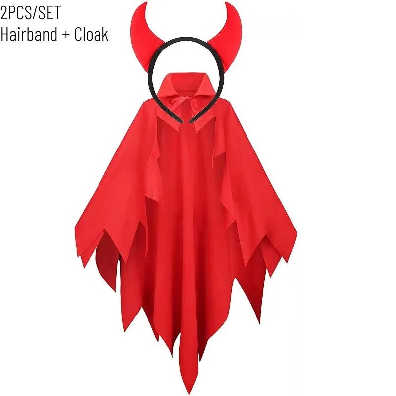 Halloween Devil Costume Set – Red Demon Cape with Horn Headband (2 Pcs)