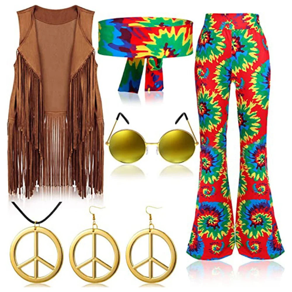 Halloween Hippie Costume Set – 70s Disco Outfit with Fringe Vest, Flared Pants & Accessories (6 Pcs)