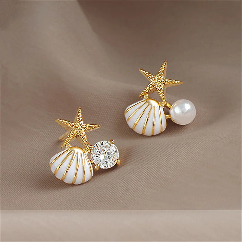 Starfish Shell Pearl Stud Earrings