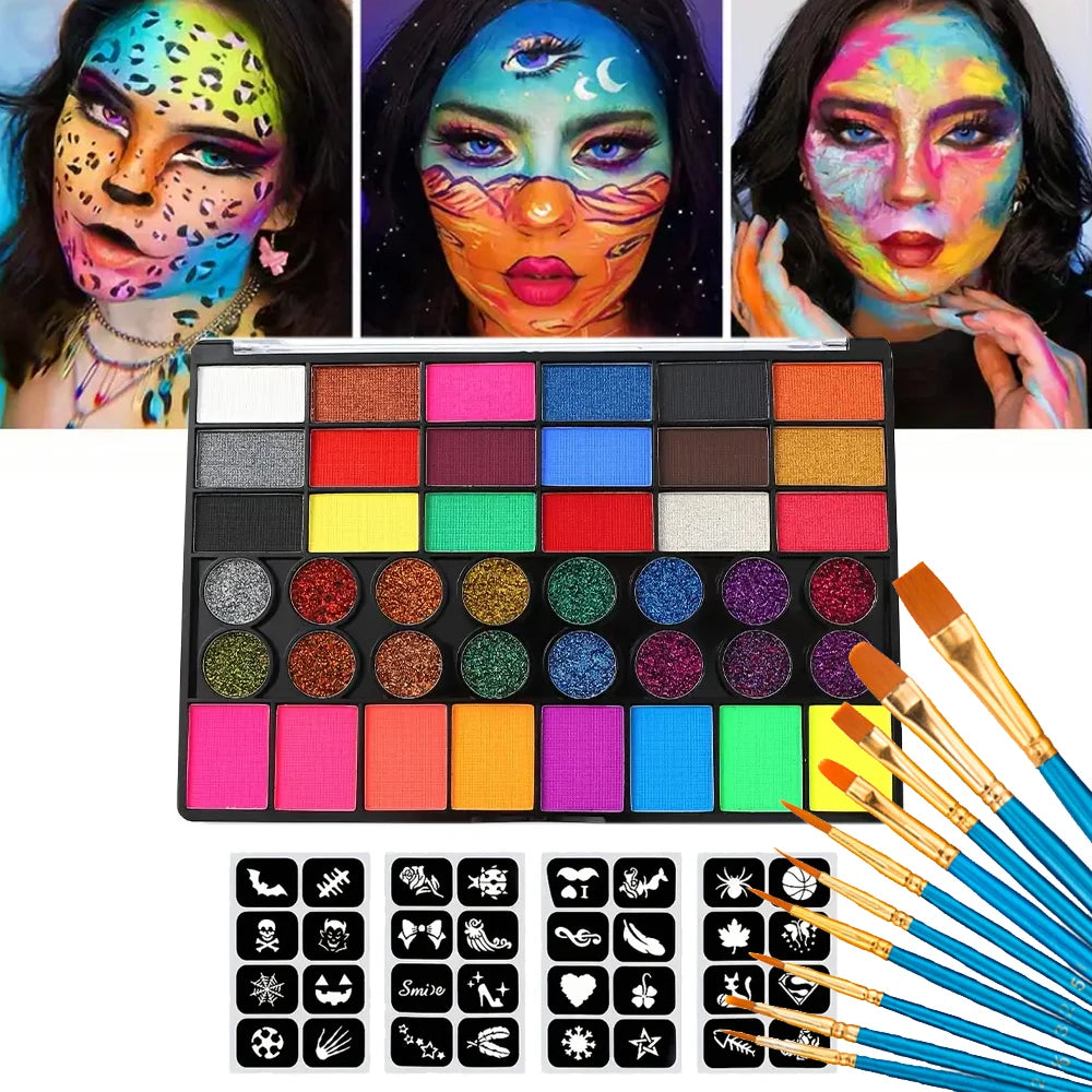 Halloween Face & Body Paint Set – 42 Colors UV Neon Glitter