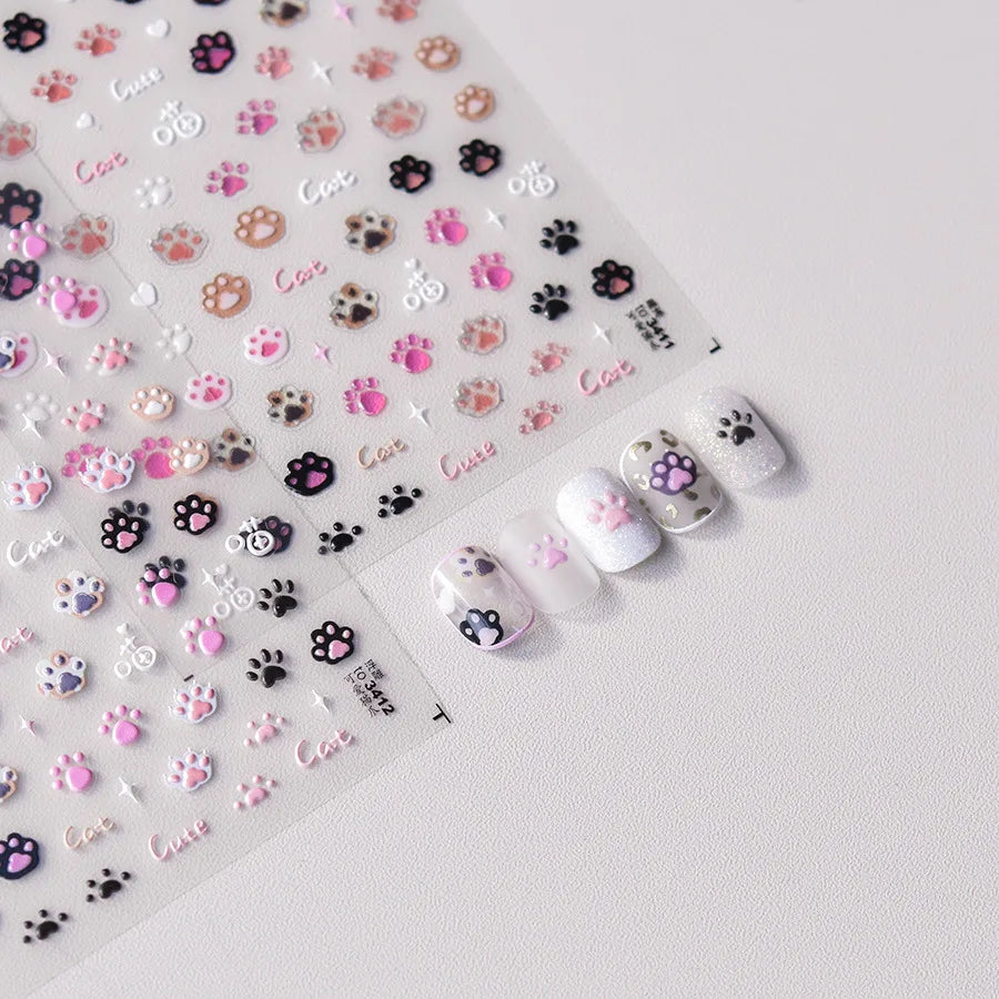Cat Paw Nail Art Stickers – 3D Embossed Self-Adhesive Decals