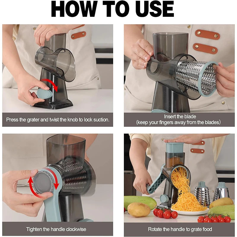 3-in-1 Rotary Cheese Grater – Manual Vegetable Slicer & Grinder Set