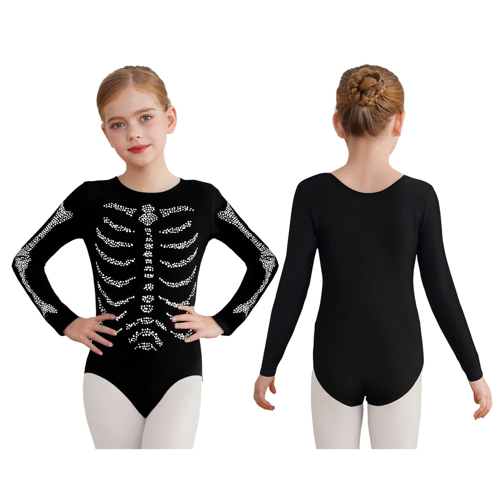 Halloween Kids Skeleton Bodysuit – Girls Gymnastics Leotard with Rhinestone Bones (Ages 3-12)
