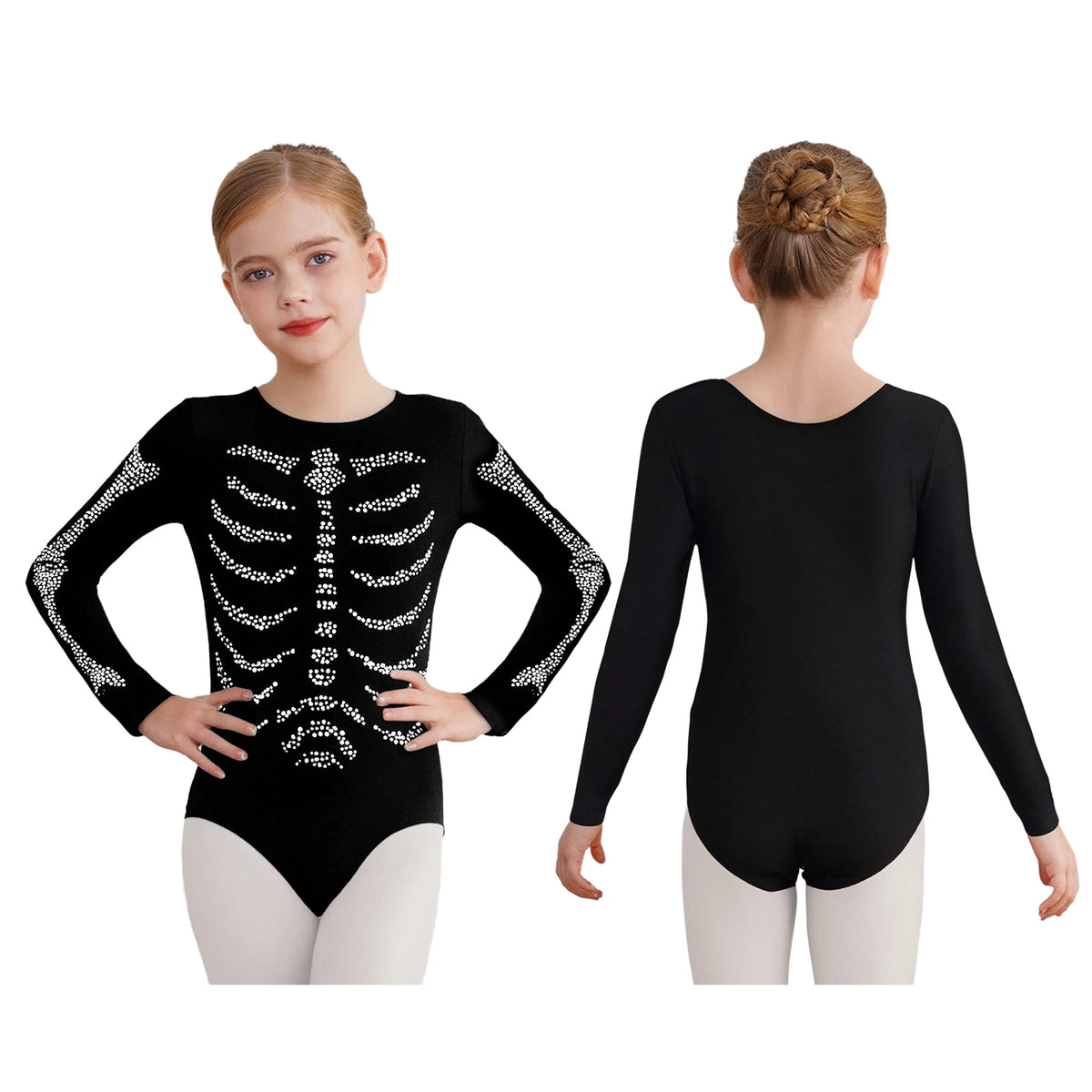 Halloween Kids Skeleton Bodysuit – Girls Gymnastics Leotard with Rhinestone Bones (Ages 3-12)