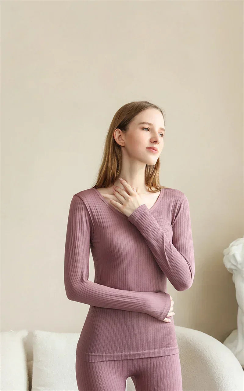 Women's Warm Thermal Underwear Set — Long-Sleeve Base Layer Top & Long Johns