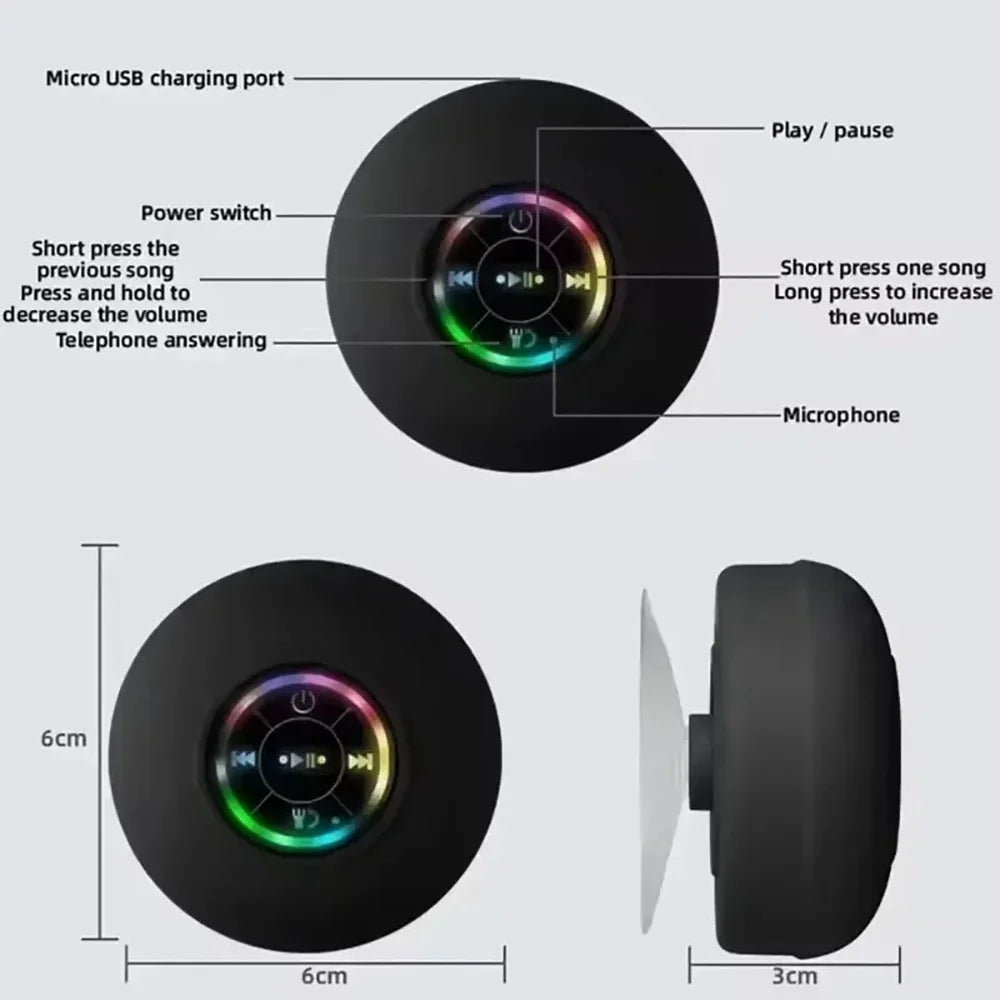 AquaBeat Mini Bluetooth Speaker – IPX4 Waterproof with LED Light & Suction Cup