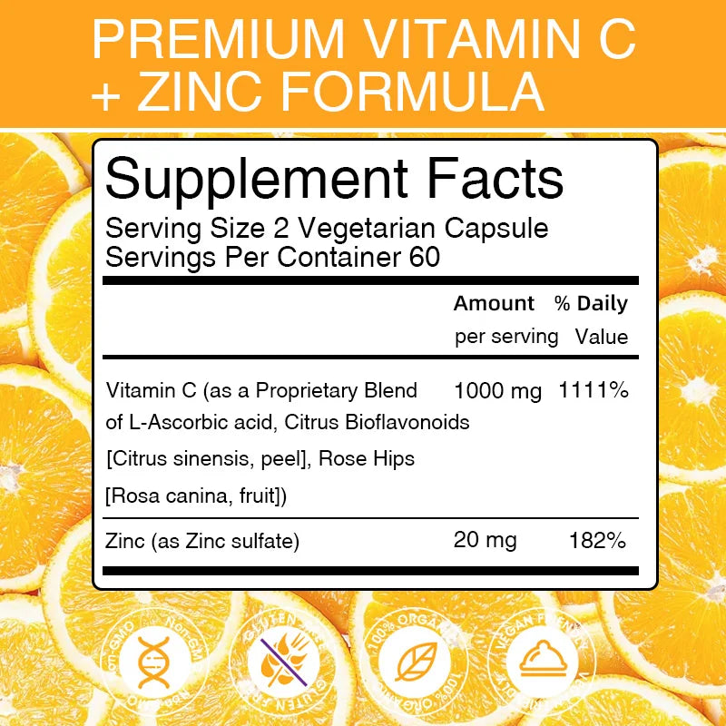 Vitakit Vitamin C 1000mg with Zinc 20mg 120 Capsules Vitamin Dietery Supplement | Non-GMO & Gluten Free Vegan
