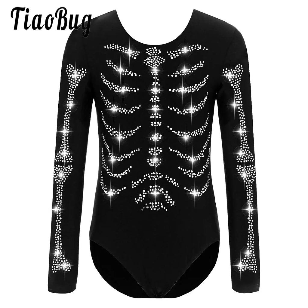 Halloween Kids Skeleton Bodysuit – Girls Gymnastics Leotard with Rhinestone Bones (Ages 3-12)