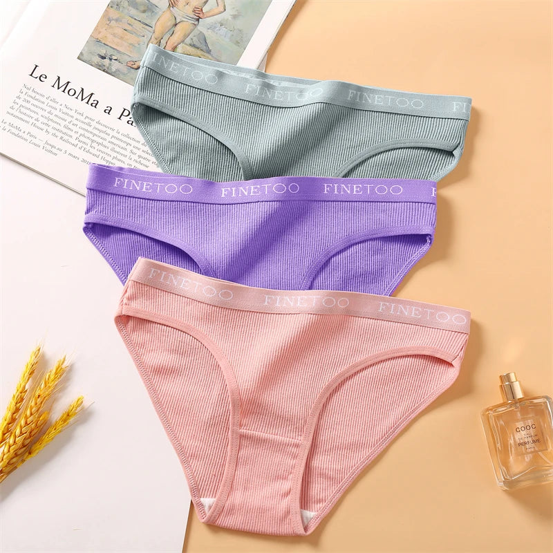 FINETOO Cotton Striped Briefs, 4-Pack — Women's Low-Waist Panties with Letter Waistband