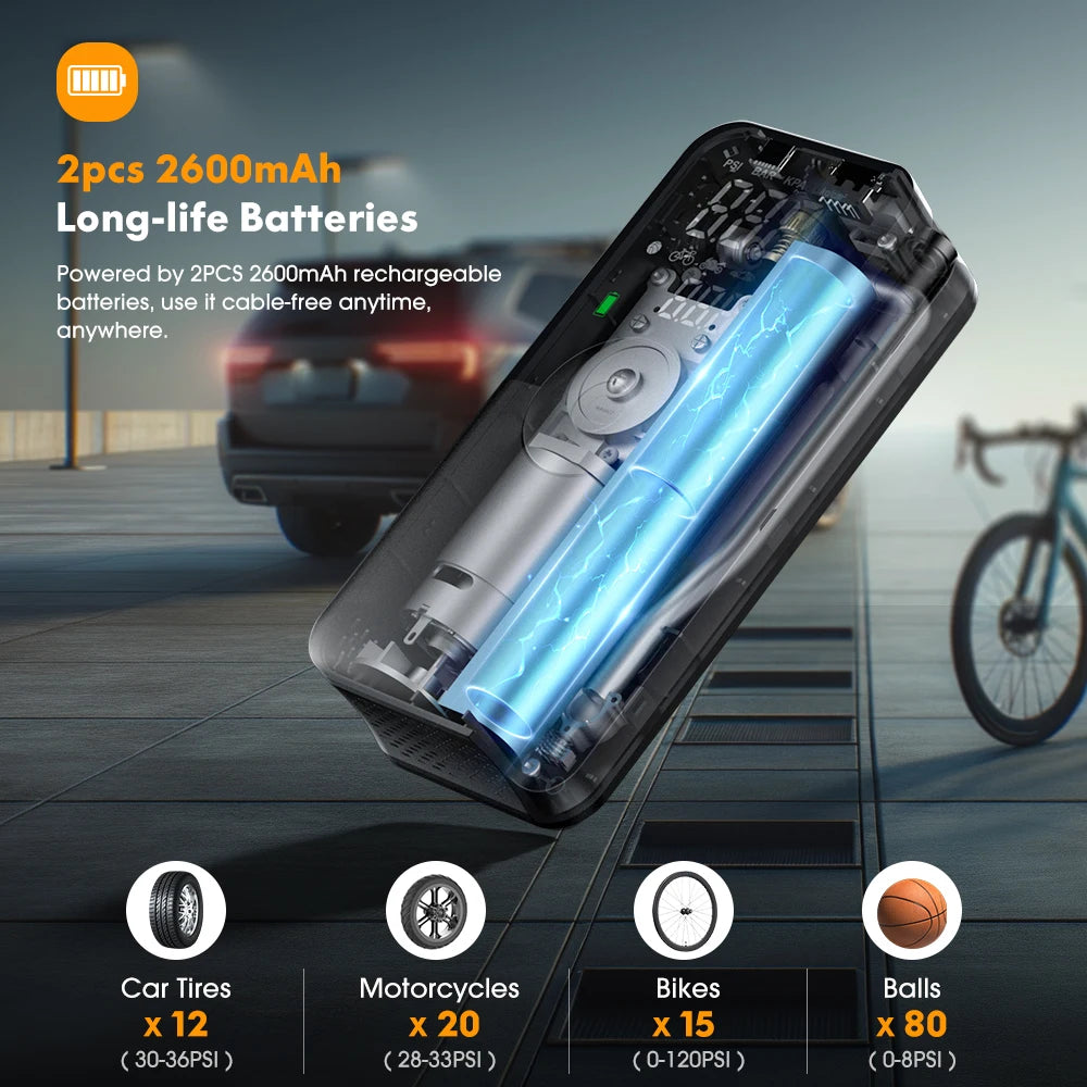 Rechargeable Cordless Tire Inflator – Portable Air Compressor with Digital Display (Car, Motorcycle, Bike, Balls)