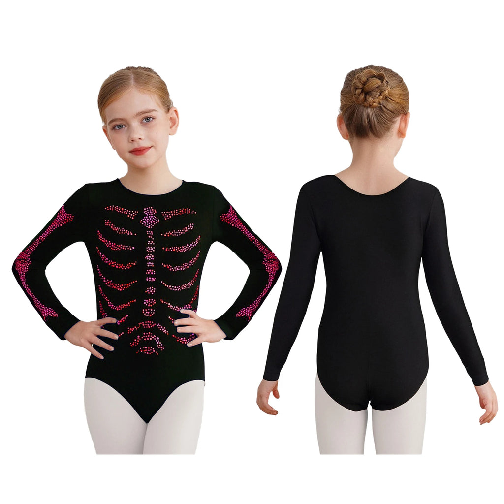 Halloween Kids Skeleton Bodysuit – Girls Gymnastics Leotard with Rhinestone Bones (Ages 3-12)