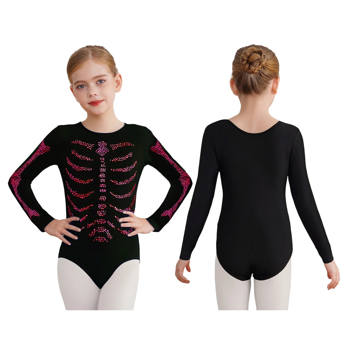 Halloween Kids Skeleton Bodysuit – Girls Gymnastics Leotard with Rhinestone Bones (Ages 3-12)