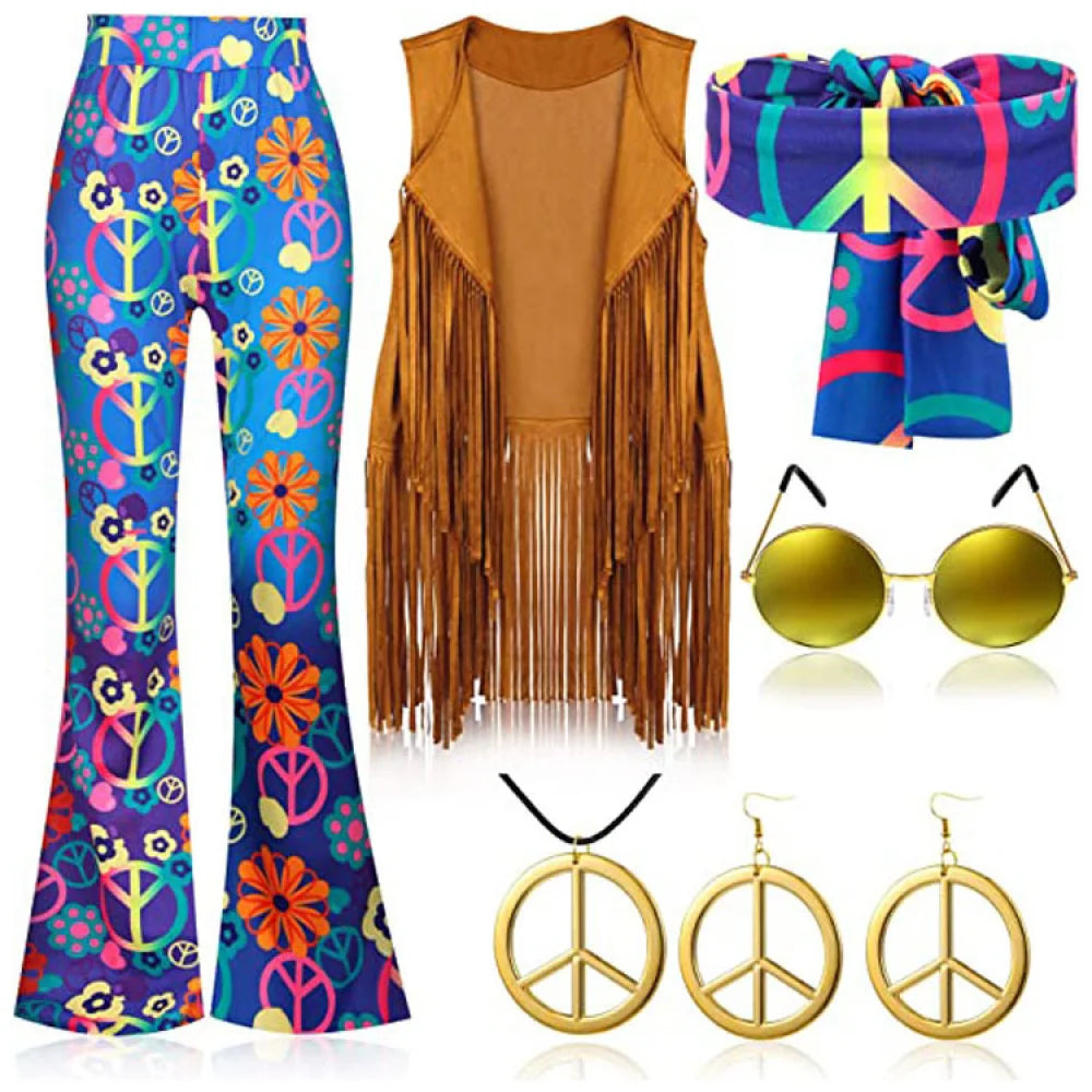Halloween Hippie Costume Set – 70s Disco Outfit with Fringe Vest, Flared Pants & Accessories (6 Pcs)