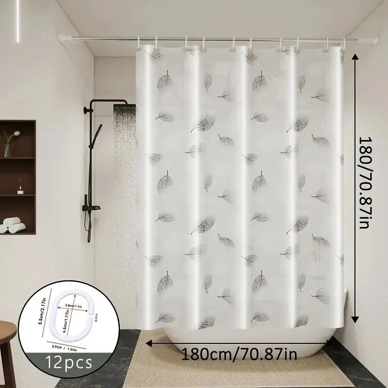 Leaf Pattern Shower Curtain – Waterproof Bathroom Curtain with Hooks