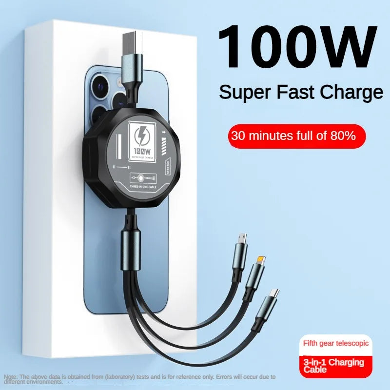 FlexCharge 3-in-1 Retractable Cable – 100W Fast Charge