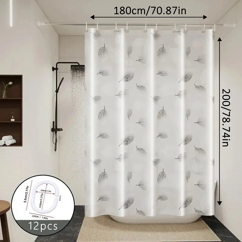 Leaf Pattern Shower Curtain – Waterproof Bathroom Curtain with Hooks