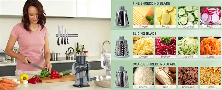 3-in-1 Rotary Cheese Grater – Manual Vegetable Slicer & Grinder Set