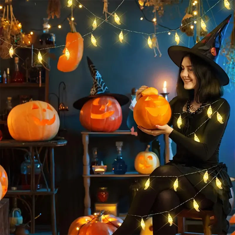 Halloween Ghost String Lights – Battery & USB Powered, Warm White and RGB Colors (10/20/40 LED)